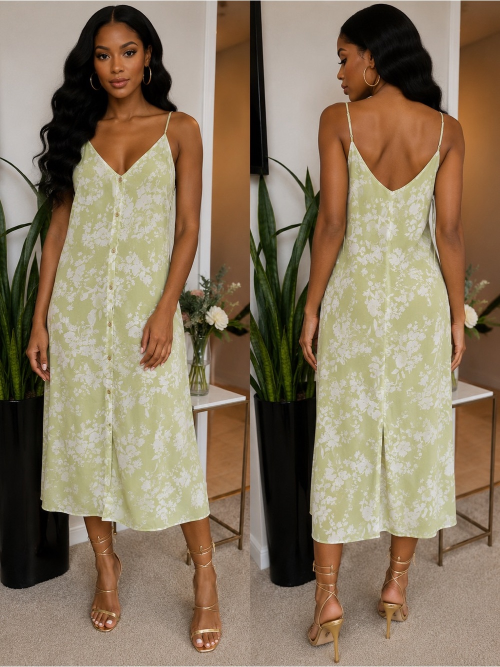 Lace-Print Slip Midi Dress in Light Green